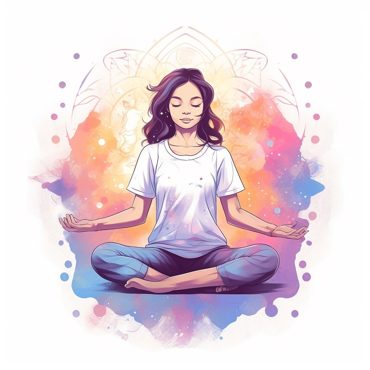 Dessin de femme dans les ton pastel assise en tailleur entrain de méditer