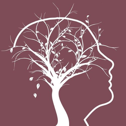 dessin de couleur prune représentant un arbre effeuillé et une silhouette d'une tête